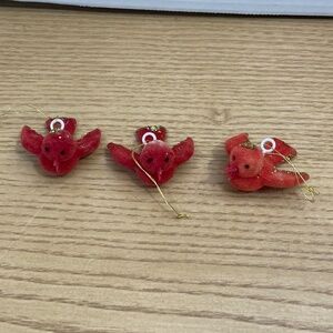 Vintage Flocked Doves Christmas Ornaments Birds Set of 3 Red 3" Mid Century Mod